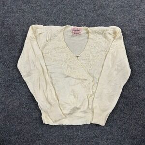 Jaclyn Smith Sweater Womens Size M Cream Beaded Floral Faux Wrap V-Neck Vintage